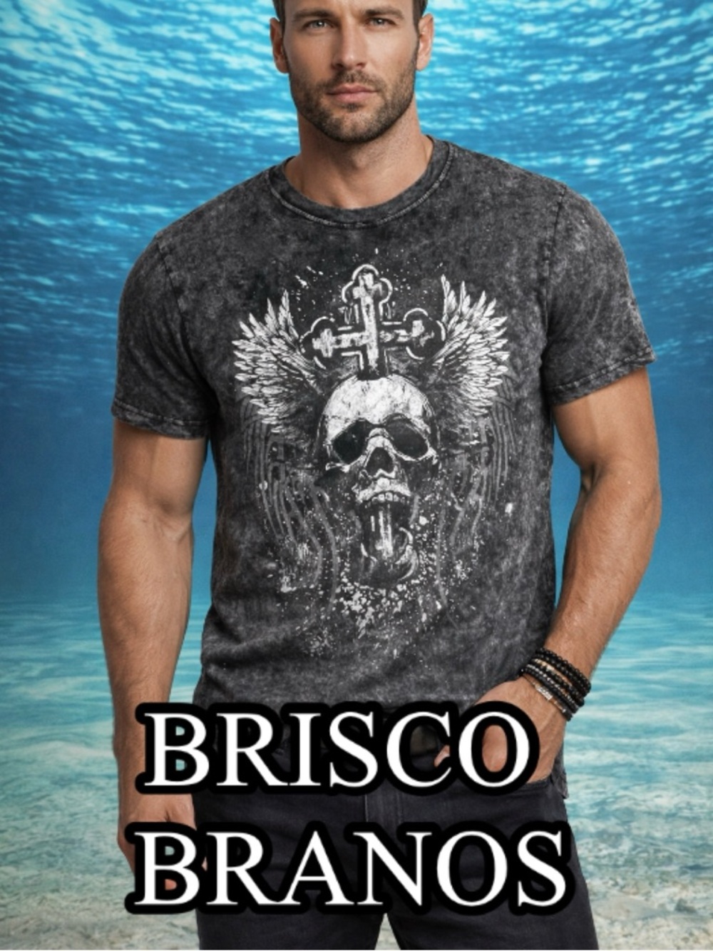 Brisco Brands Mens Skull Winged Cross Graphic TShirt Charcoal Mineral Wash SizeL